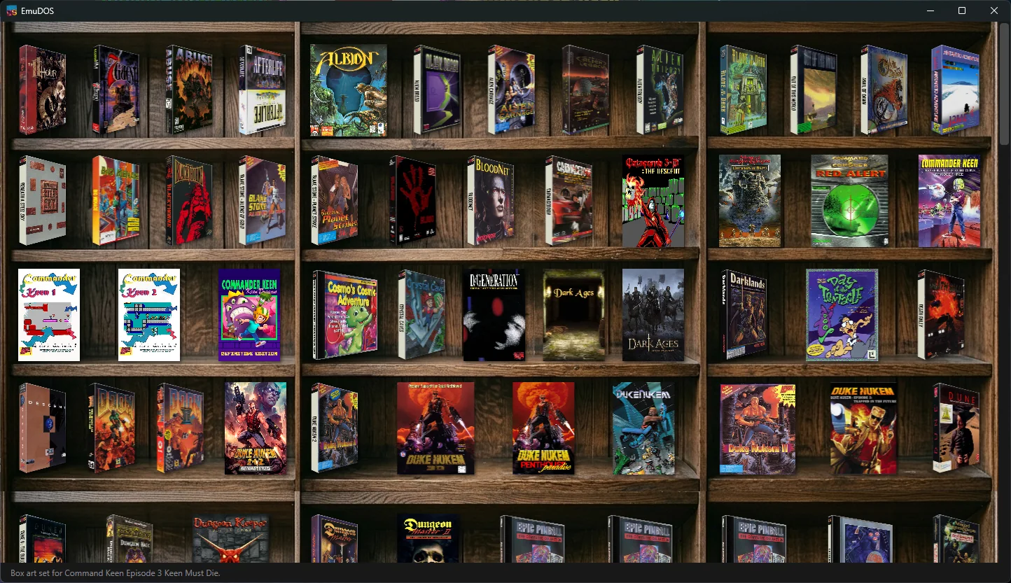 EmuDOS bookshelf library — DOS games shown as 3D box art on wooden shelves